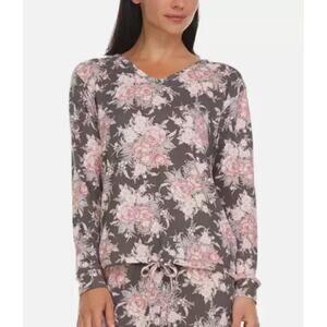 FLORA NIKROOZ JENNA PRINTED COZY SWEATER-KNIT PAJAMAS FLORAL GRAY PINK MEDIUM